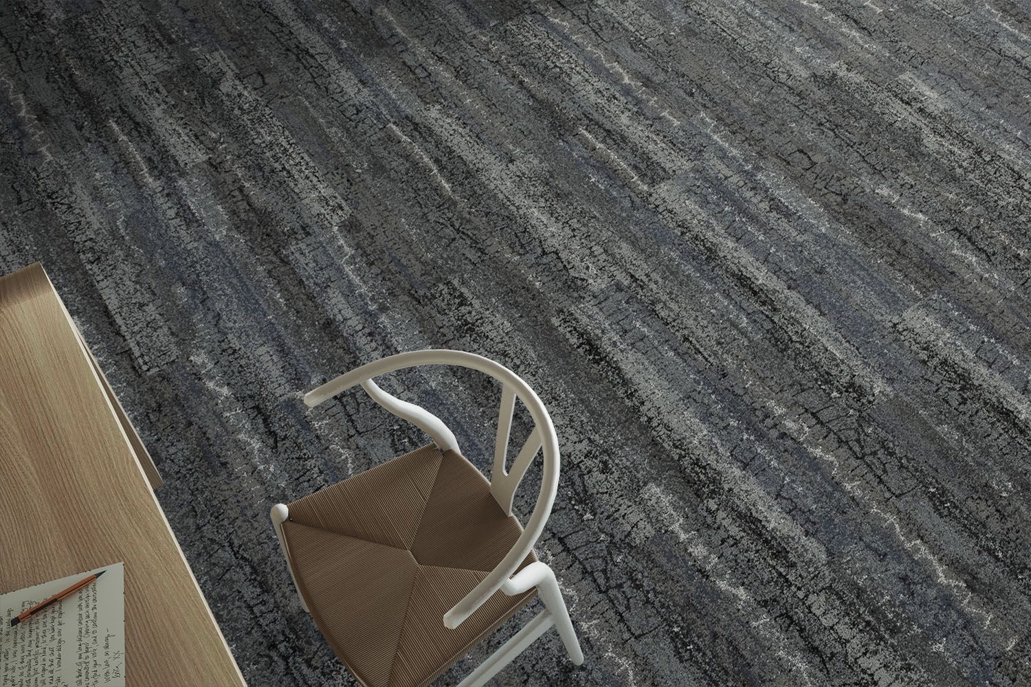 Detail of Interface Granite Peak plank carpet tile with desk and chair image number 6